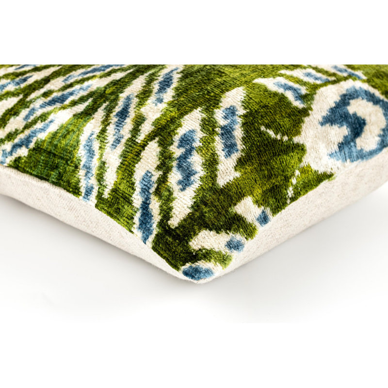 Handmade 16X16 Velvet Throw Pillow – Green, Blue, And White Ikat Pattern With Down Insert For Boho-Chic Deco