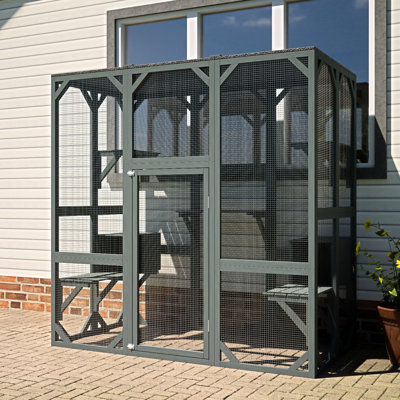 Grey Outdoor Wooden Cat House Enclosure, 71(l)*37(w)*71(h), With 5 Jumping Platforms, 2 Condos, And A Lock For Added Security ,,,,,