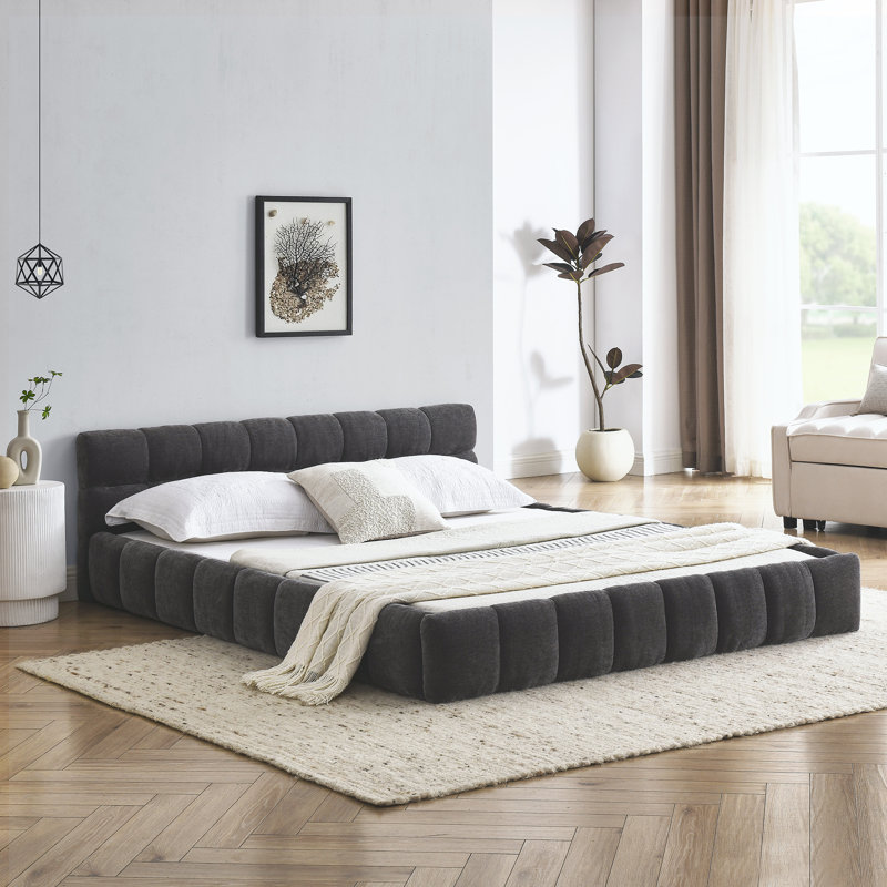 Structure de lit rembourrée avec tissu épais, Grand lit, Gris foncé