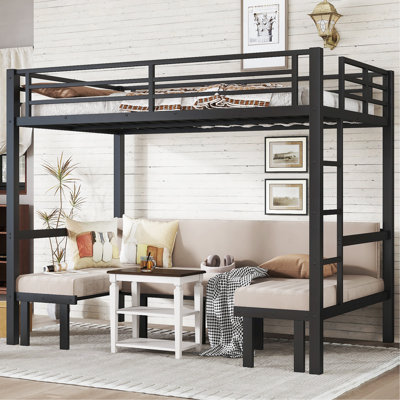 Lit superposé double au-dessus de la taille double, le lit inférieur peut être retiré en trois sections, le lit supérieur est équipé de rails de sécurité, noir.