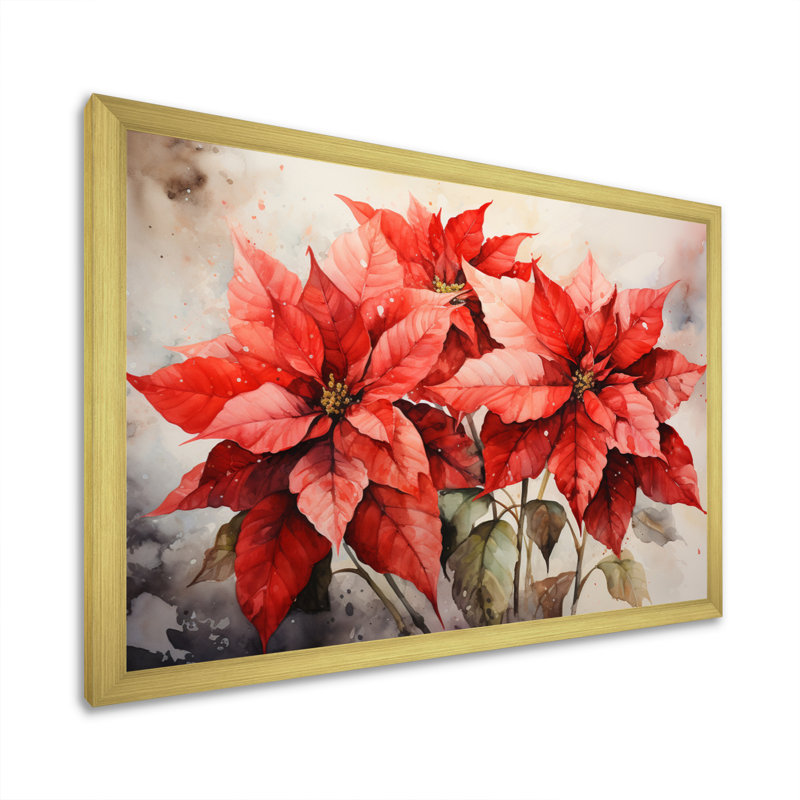 Fleur de poinsettia rétro sur toile, H 16 po x l 32 po x P 1 po, Cadre doré à une seule photo