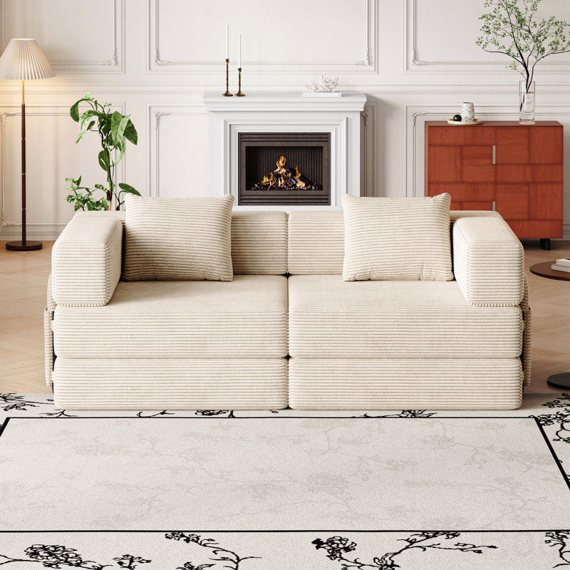  Canapé-lit modulaire en velours côtelé de 72,4 po avec mousse haute densité - beige, Beige