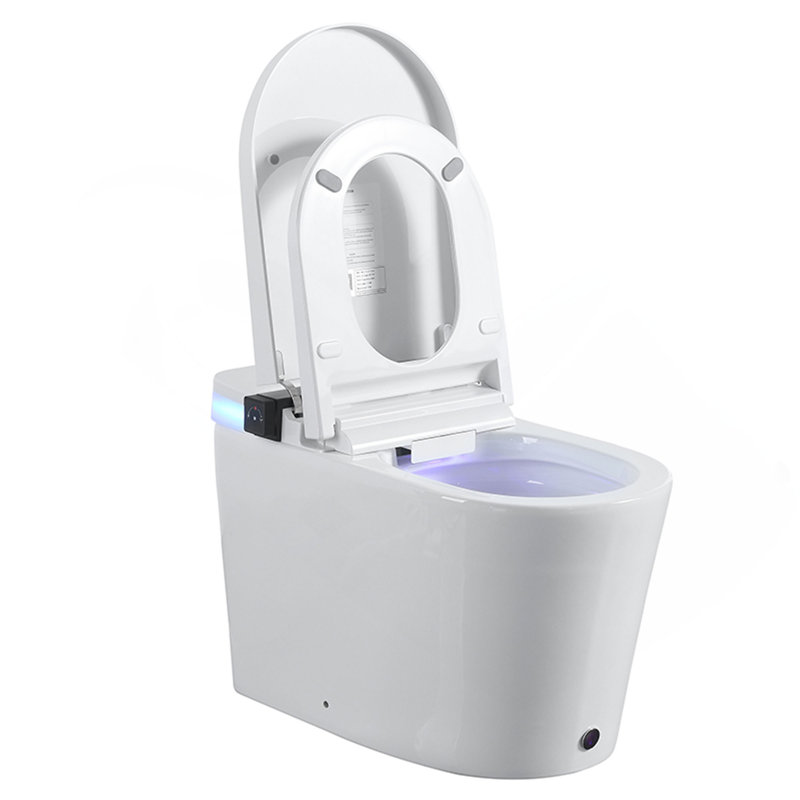 Toilette intelligente avec siège de bidet intégré, siège à ouverture / fermeture automatique, capteur de pied, affichage à DEL, veilleuse, eau chaude et sécheuse, lampe rotative, poignée latérale avec plusieurs commandes