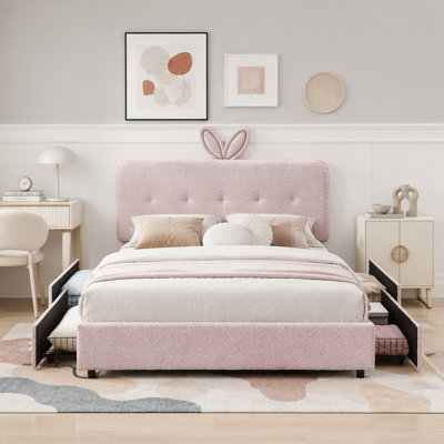 Upholstered Bed with Oversized Rabbit Ear Headboard, LED Light & 4 Storage Drawers