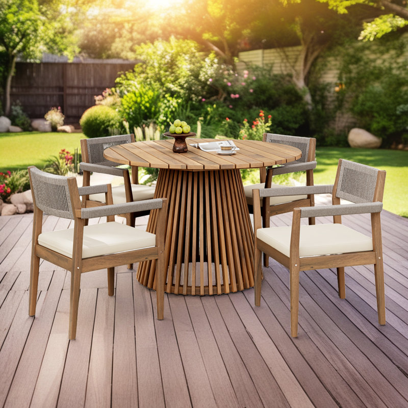 Ensemble de salle à manger d'extérieur en bois d'acacia - ensemble de table ronde et 4 fauteuils, Crème, crème