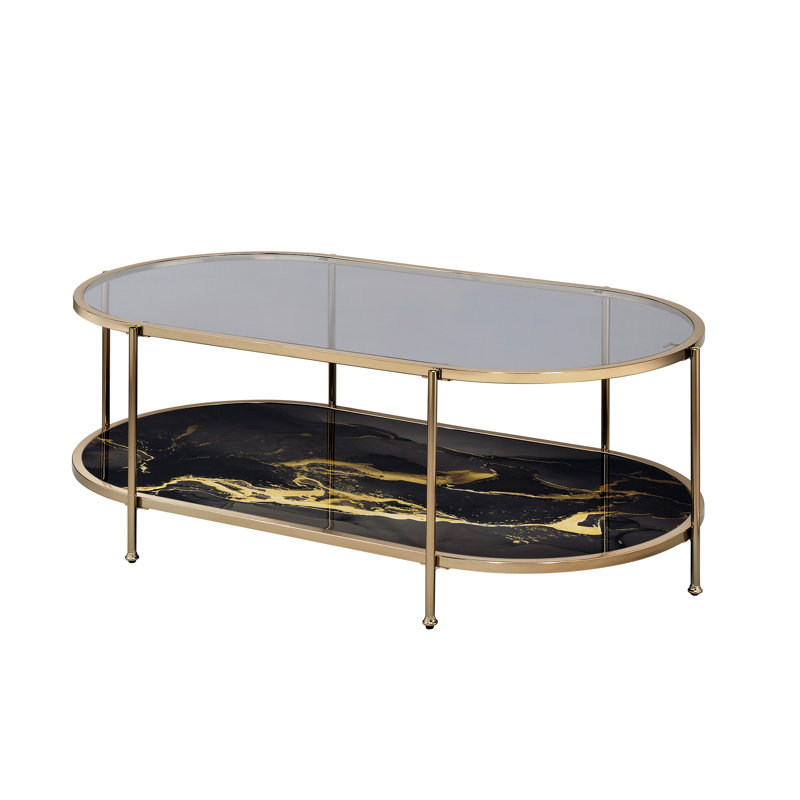 Black Marble Print Coffee Table With Metal And Function Element Stylish Construction
