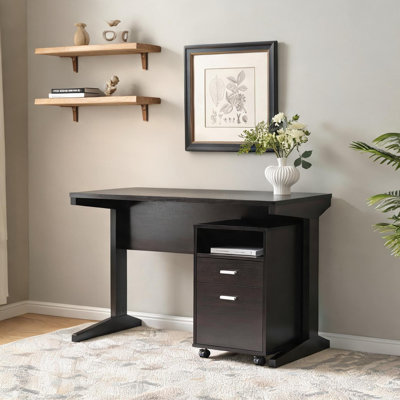 Bureau d'ordinateur au fini brun espresso avec classeur amovible, espace de travail rectangulaire compact avec panneau de rangement