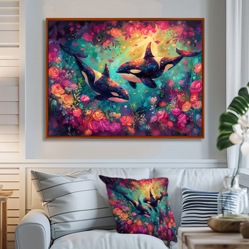 Black Orca Swimming Paradise Dream I - Whale Animal Wall Art Print, 34'' H x 44'' W, Brown Floater Framed