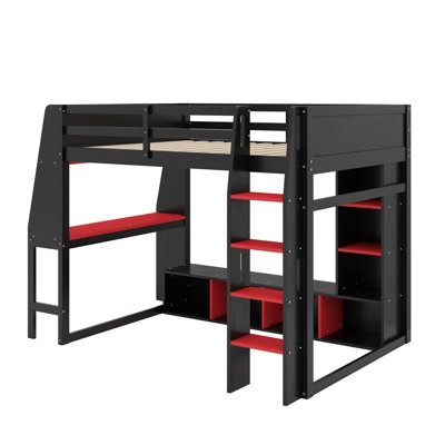 Lit mezzanine double pleine grandeur avec bureau, tablettes multiples, DEL et portemanteau suspendu