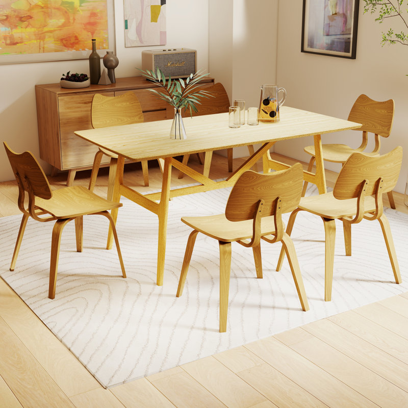 Modern Rectangular Dining Table Set With Solid Rubber Wood Base Table And Chairs With Backrest For Kitchen, Living Room, Dining Room