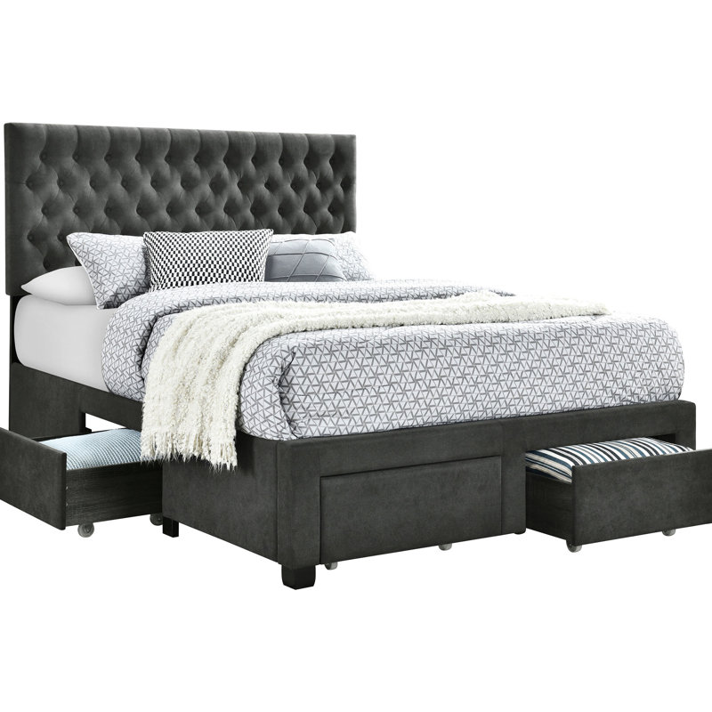 Full Upholstered Grey Panel Bed With Storage, Soft Fabric, Button - Headboard, Slat Kit For Support Storage In Upholstery, Four Drawers Clothing