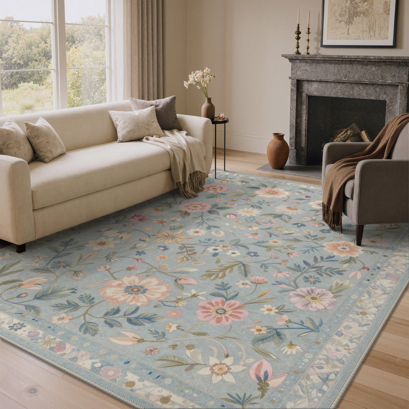 Tapis d'intérieur floral bleu / vert / beige lavable à la machine avec envers antidérapant Abbey Blossom