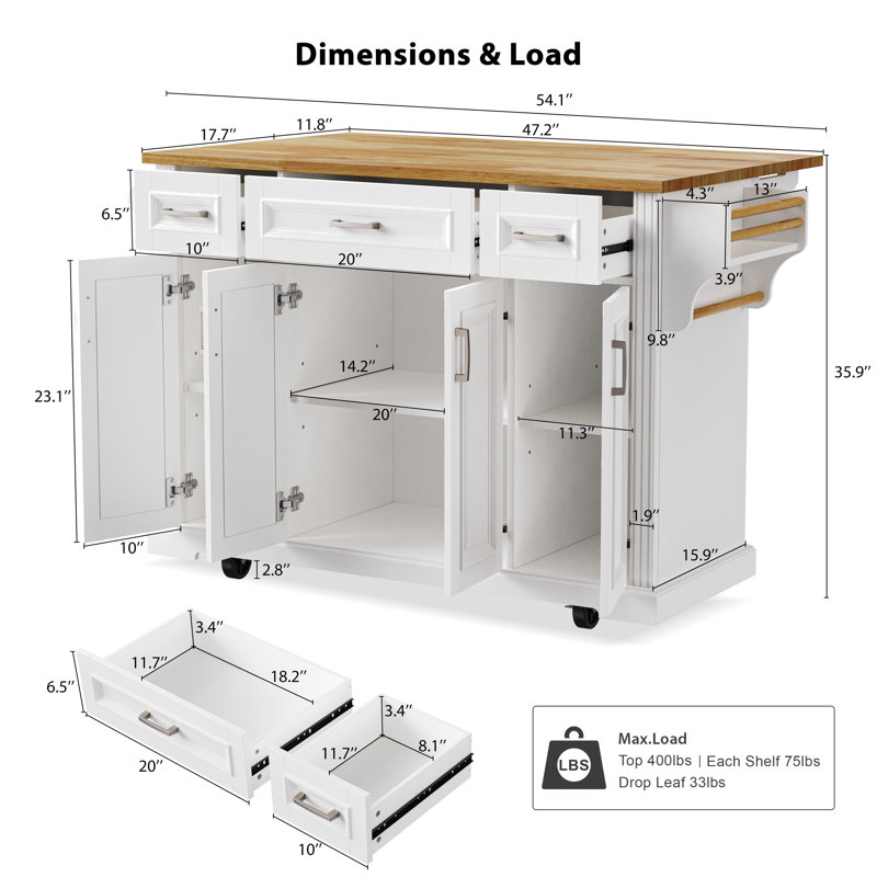 54" Kitchen Island Center with Drop Leaf, White