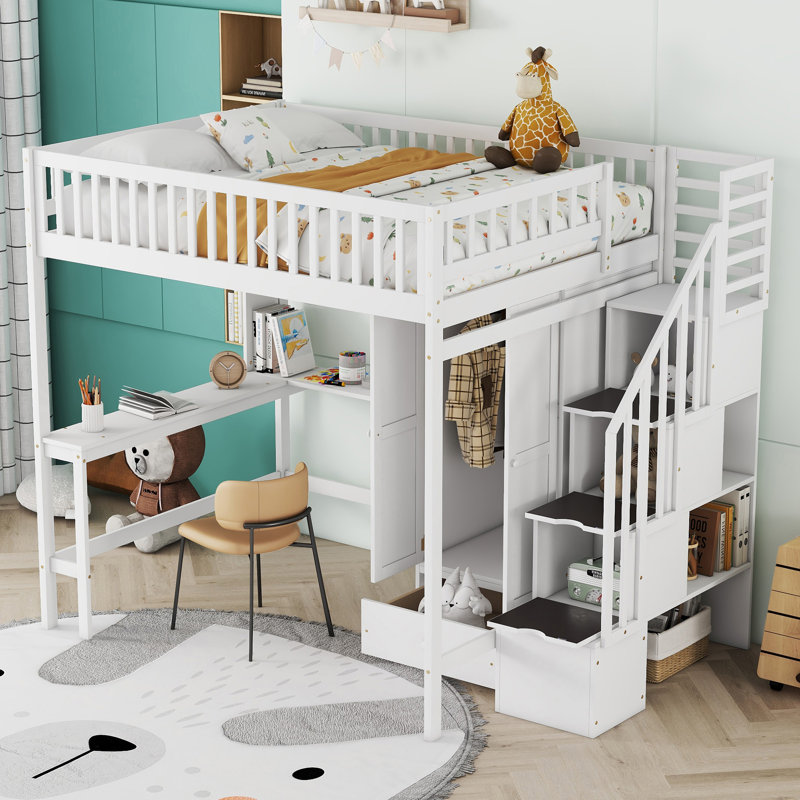 Lit mezzanine double avec bibliothèque, tiroirs, bureau et garde-robe pour une vie multifonctionnelle et un rangement amélioré