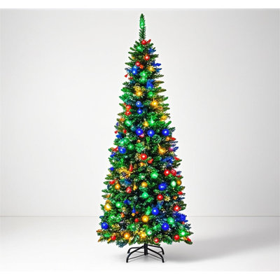 Christmas Artificial Pencil Tree with Dual-Color LED Light, PVC, Mixed Flocked Pencil Tree, Natural Color Holiday Decoration