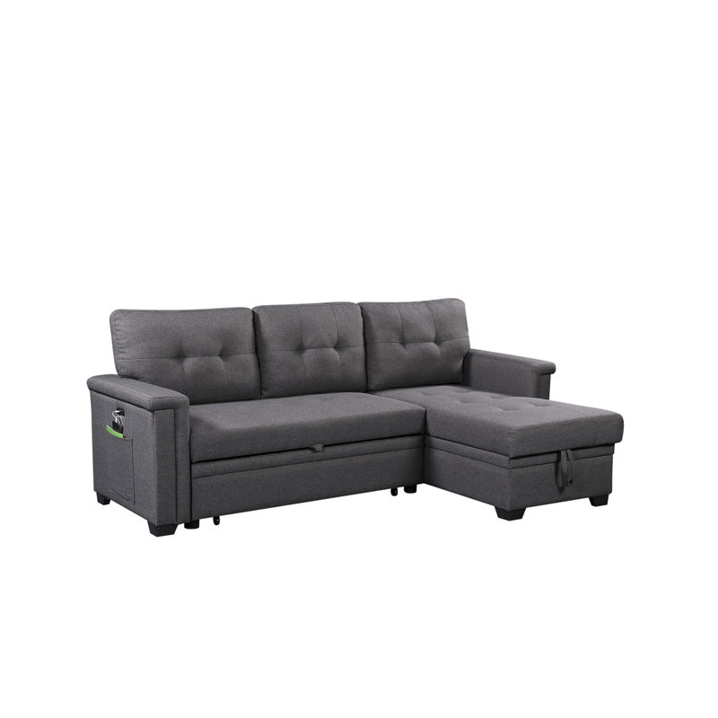 84" Dark Gray Reversible Sleeper Sectional Sofa With Storage Chaise, USB Charging Ports And Pocket, Dark Gray Linen