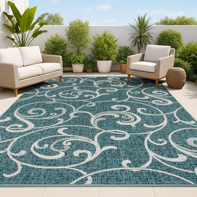 Maribel Traditional Classic All-Over Scroll Turquoise/Cream Indoor/Outdoor Rug