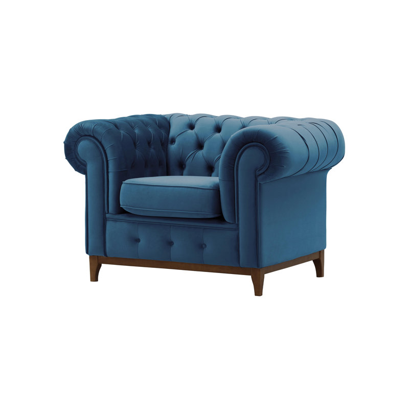 Frizzell Velvet Chesterfield Chair, Walnut, Blue