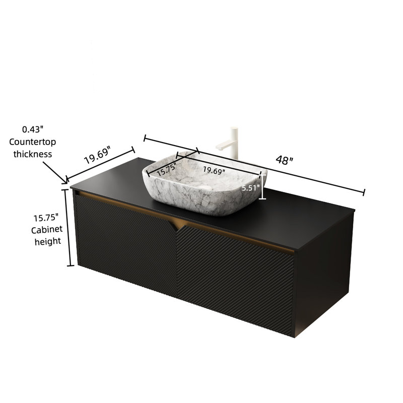 Woodinville Bathroom Vanity & Sink Choice, Plywood Storage Unit, Marble Pattern Ceramic Vessel, Sintered Stone Surface Treatment, Twill Double Doors With Metal Accoutrements 48" Constitution,