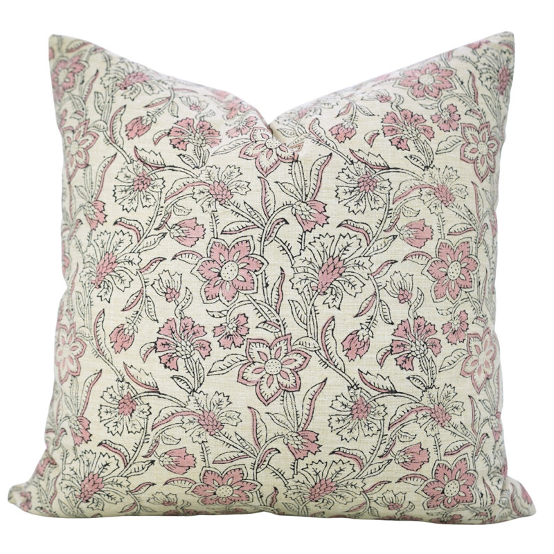 Housse de coussin imprimée à la main Fabividine - Coussin décoratif pour canapé et canapé, Jarul, rose, Carré 14 po