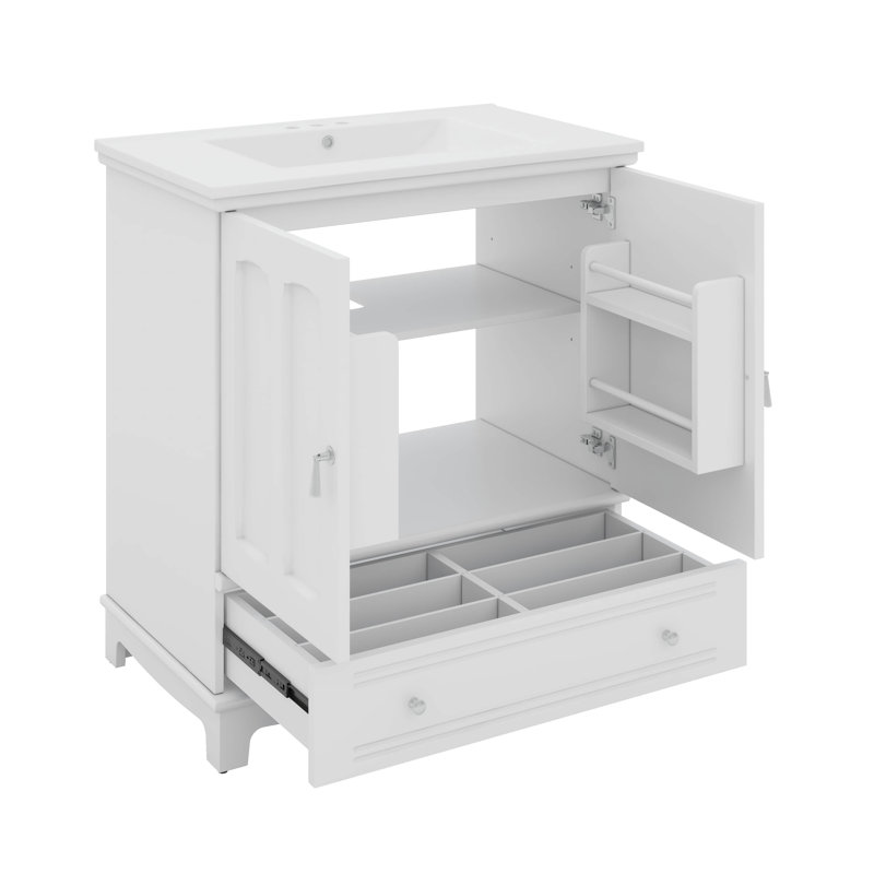Meuble-lavabo de 30 po avec lavabo, tiroir et armoire de rangement avec tablette réglable, Blanc