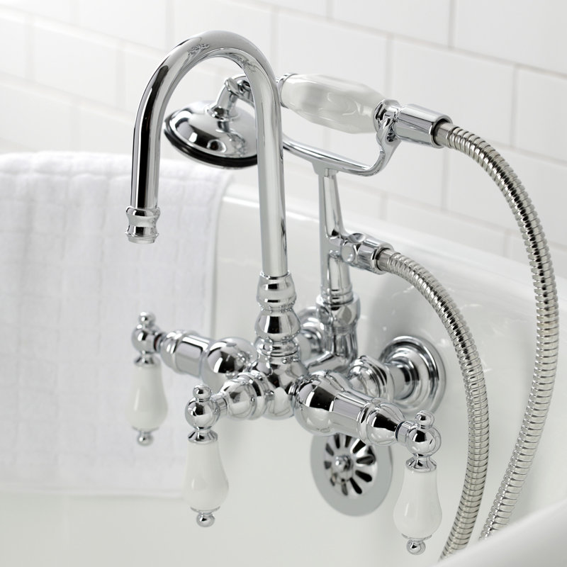 Kingston Brass Vintage Three-Handle 2-Hole Tub Wall Mount Clawfoot Tub Faucet with Hand Shower, Polished Chrome