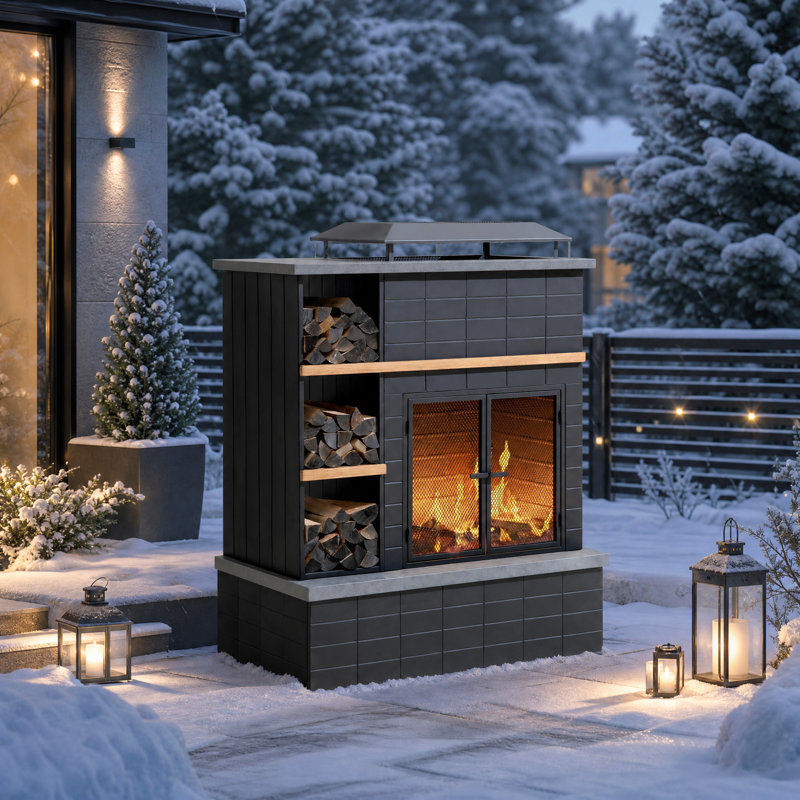 Foyer extérieur SUNJOY 42 po en acier à bois avec foyer, étagères de rangement pour bûches à 3 niveaux, portes grillagées verrouillables, tisonnier et couvercle en PVC, aspect noir et bois