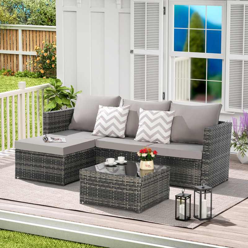 2 Pieces Patio Furniture Set,Outdoor Woven Sectional L- Shaped Patio Furniture ,Wicker Conversation Set With Ottoman, Detachable Lounger Table For Backyard Poode