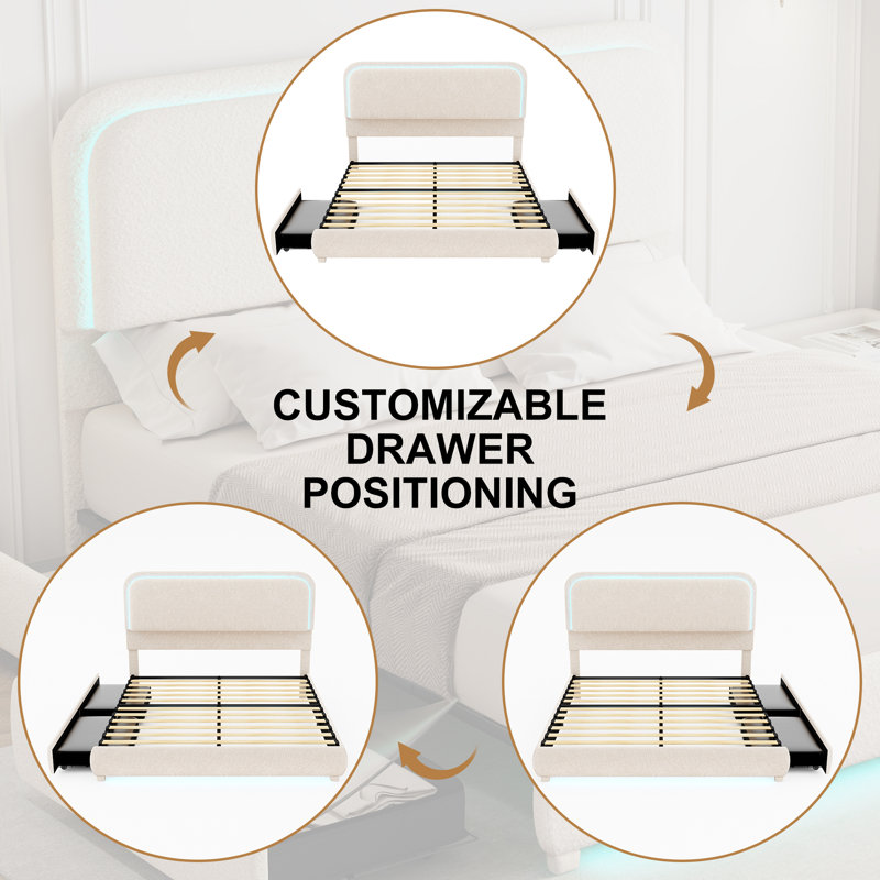 Cream Full LED Platform Bed Frame with Boucle Upholstered Headboard and Storage Drawers