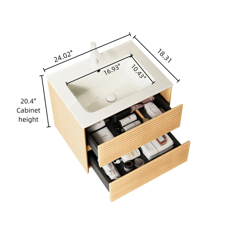 Meuble-lavabo de salle de bain, armoire en contreplaqué de 24 po avec lavabo, lavabo en céramique blanche, teinte chêne, tiroirs, lavabo à installation facile, contreplaqué, lueur, procédure d'assemblage simple