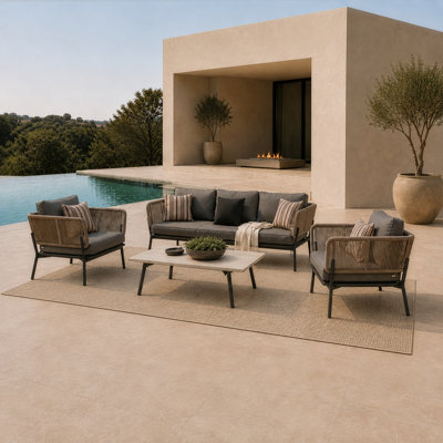 Ensemble de canapé d'extérieur en tissu gris + rotin beige + acacia gris Suntide