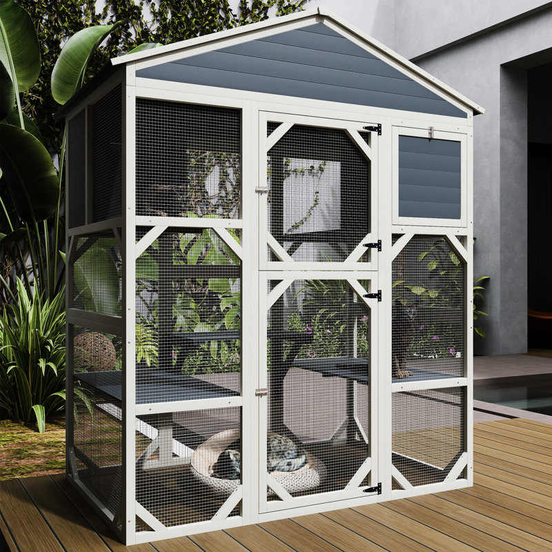 Waterproof Grey Wooden For Pets With 2 Resting Houses, 3 Platforms, Long-lasting Luxury Cat House Use