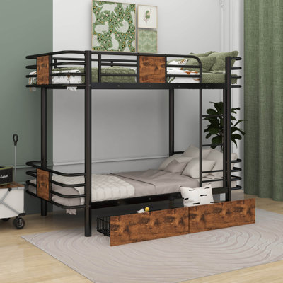 Ambrea Twin XL over Twin XL Metal Bunk Bed with MDF Board Guardrail and Two Storage Drawers -  Mason & Marbles, 551EA65E26194095A9F3689444D7A741