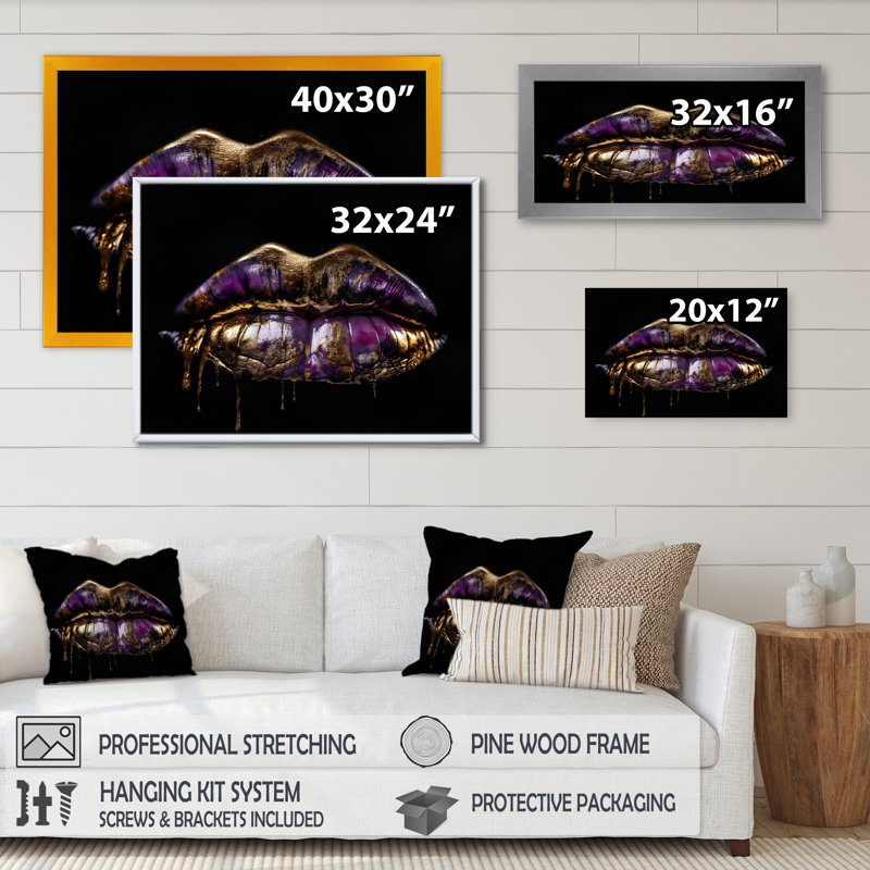 Lèvres dorées de luxe IV - art mural grand mode, Cadre photo noir, H 12 po x l 20 po x P 1 po