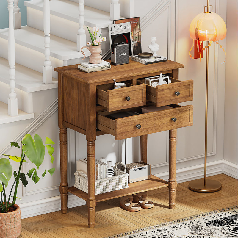 Narrow Console Table, Slim Sofa Table With Three Storage Drawers And Bottom Shelf, Natural