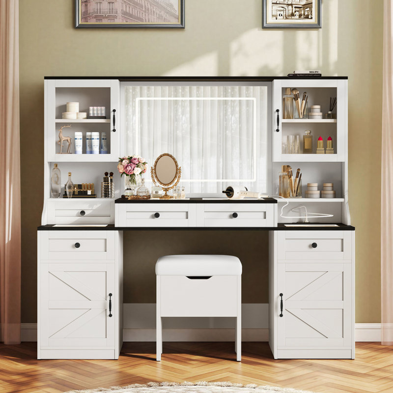 61.5"  Makeup Vanity with Mirror and Adjustable LED Lights, Farmhouse Dressing Table with 5 Drawers, 4 Cabinets and 1 Cushion Storage Stool