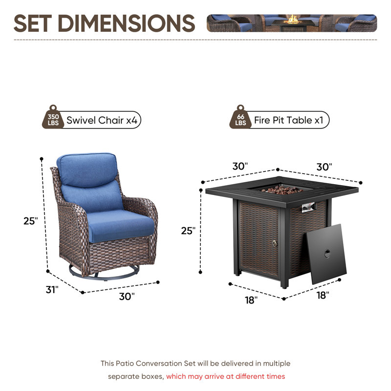 Ensemble de conversation d'extérieur pivotant en osier 4 personnes avec table carrée en métal Simino, Bleu, Brun