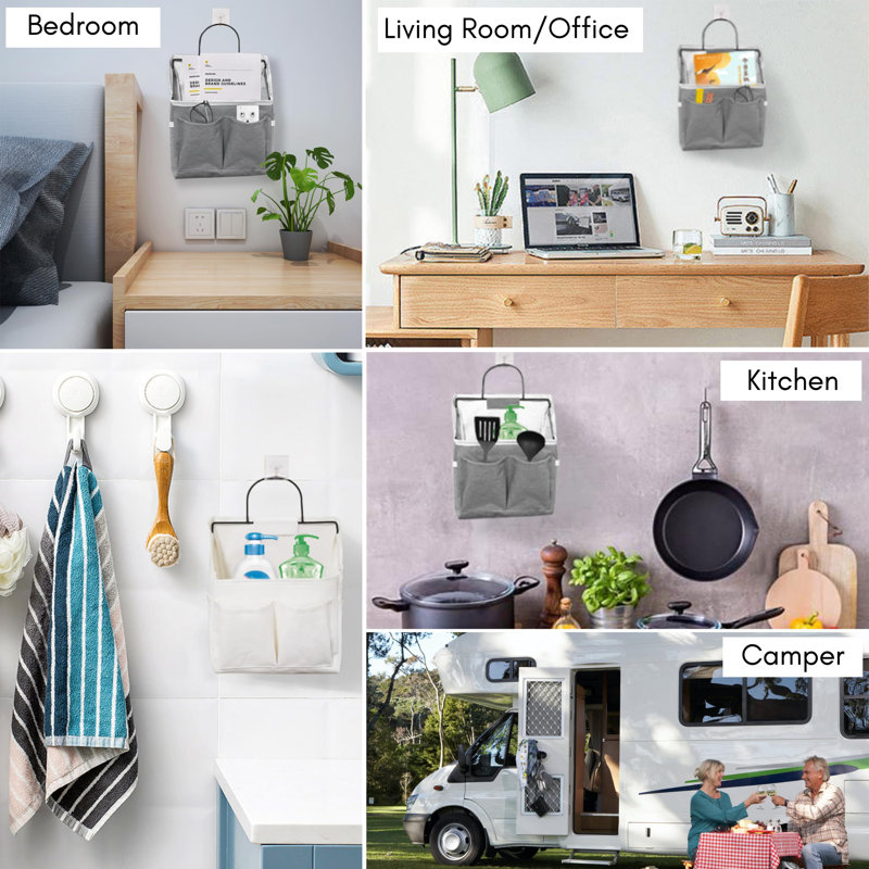 Set Of 2 Small Wall Organizers, Linen Door Hanging Storage Baskets With Pockets And Hooks, Grey