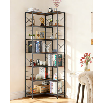 Corner Shelf, 7 Tier Industrial Corner Bookshelf, Wood and Metal Frame Large Bookcase, Freestanding Display Shelf