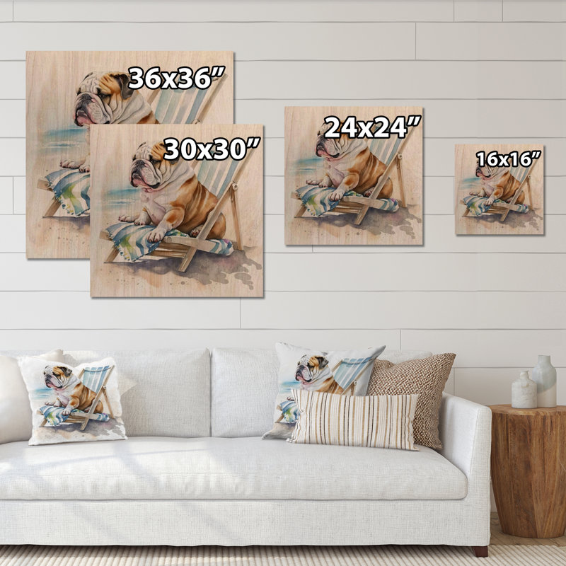 Chien Hemali couché sur la plage - impression sans cadre sur bois, H 16 po x l 16 po x P 1 po