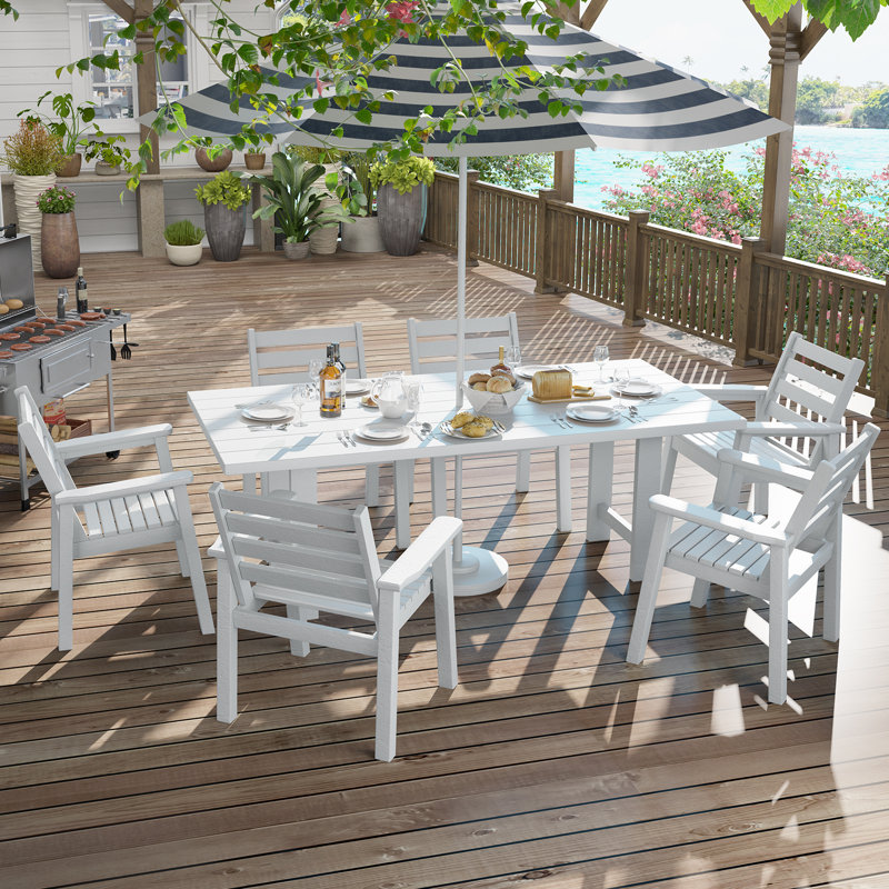 Immie 7- Piece HDPE Outdoor Dining Table Set With Chairs & Umbrella Hole, White, 6, White