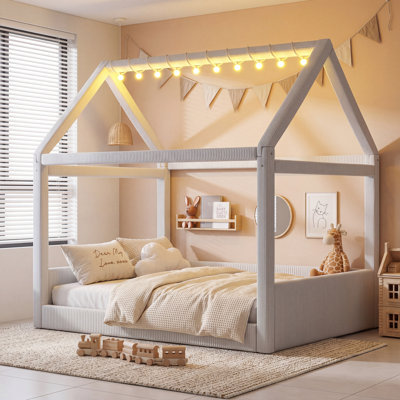 Lit de jour double rembourré avec bandes lumineuses à DEL, beige