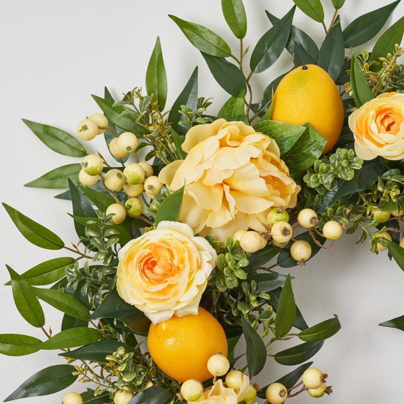Couronne en soie pivoine et citron, H 28 po x l 28 po x P 6 po