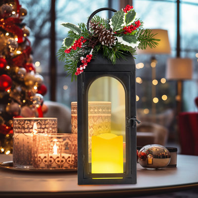 Christmas Decorative Lantern With Led Flameless Candle & Holiday Greenery,black Metal Lantern With Led Candle Lit Decorations,christmas Decor