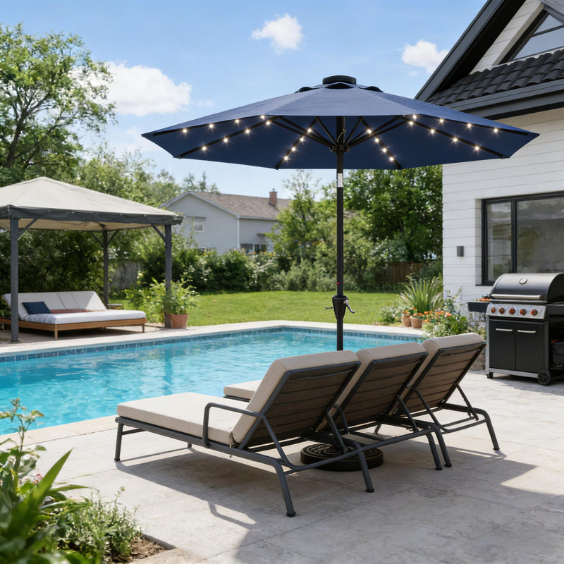 Parasol solaire 9 pi avec 32 lumières DEL pour piscine, terrasse, jardin et jardin 9 pi