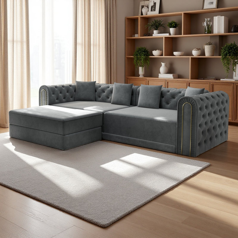 90.6" 3-In-1 Convertible Sleeper Sofa,Elegant Modern Couch With Button Tufted And Gold Edge Trim,3-Seater Couch With Movable Ottoman
