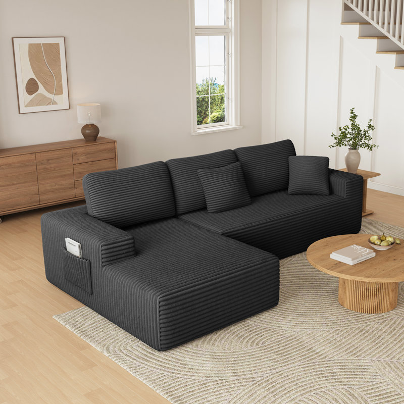 Modern 108-inch Boneless corduroy modular compressed sofa with L-shaped design, Right Hand Facing, Black Corduroy
