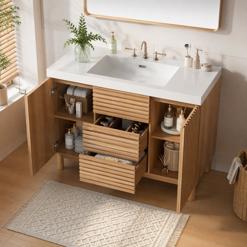 [Vidéo] Meuble-lavabo de 47,2 pouces avec lavabo en résine SMC, armoire en panneau de fibres à densité moyenne avec pieds en bois massif, portes et tiroirs à fermeture en douceur, tablettes réglables et armoire de rangement moderne pour la salle de bain.