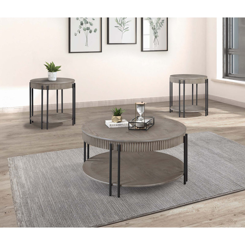 Table basse ronde contemporaine 3 pièces et 2 tables de bout avec tablette de rangement