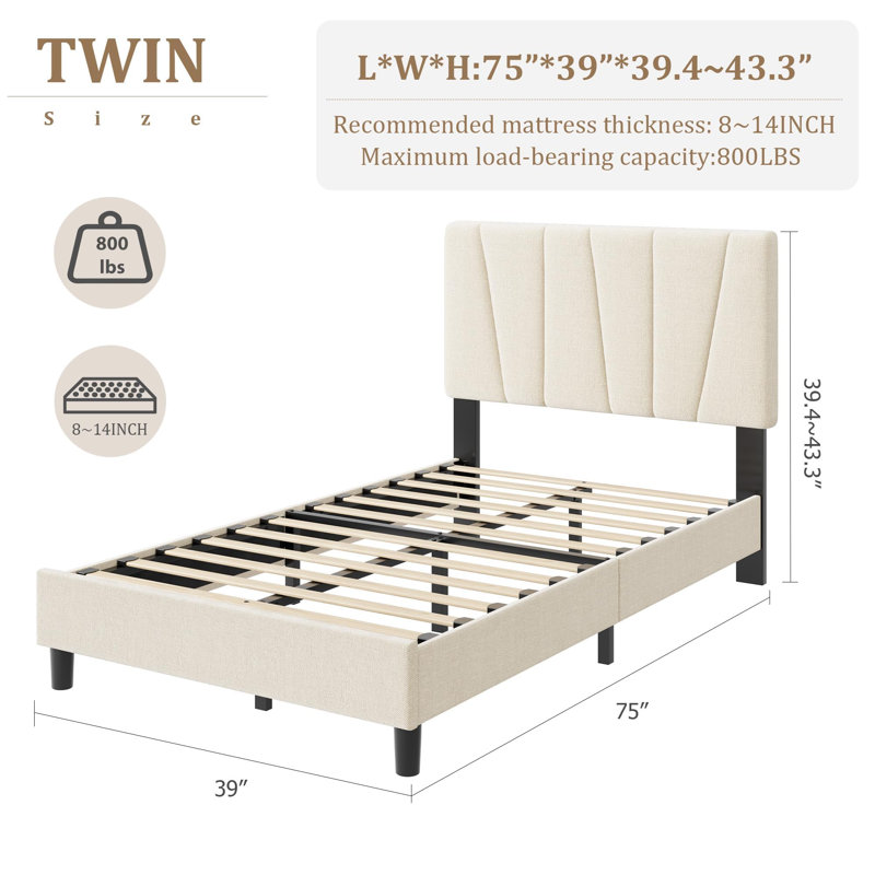 Structure de lit simple tapissier avec plateforme, tissu en lin avec tête de lit réglable à 3 niveaux, lattes en bois, silencieux, aucun sommier requis, assemblage facile, beige